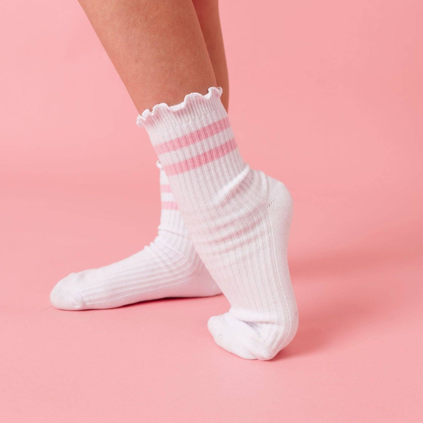 Little Stocking Company | Ribbed Lettuce Trim Midi Socks - White/Blossom Stripe