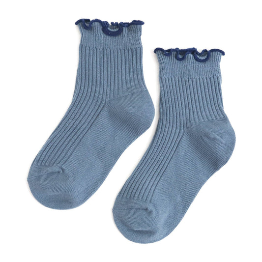 Little Stocking Company | Denim/Navy Ribbed Lettuce Trim Midi Socks