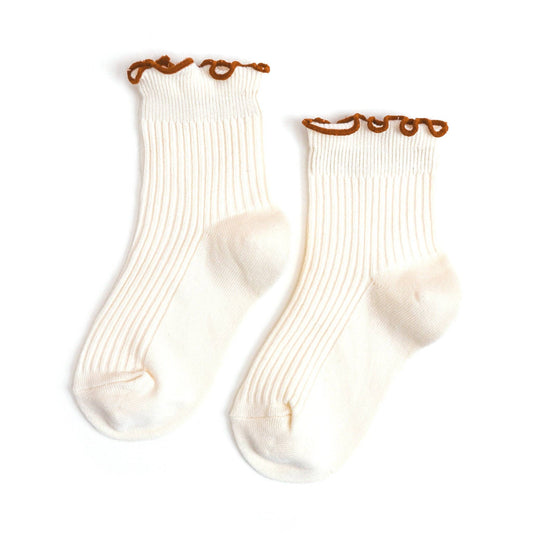 Little Stocking Company | Ribbed Lettuce Trim Midi Socks - Ivory/Sugar Almond