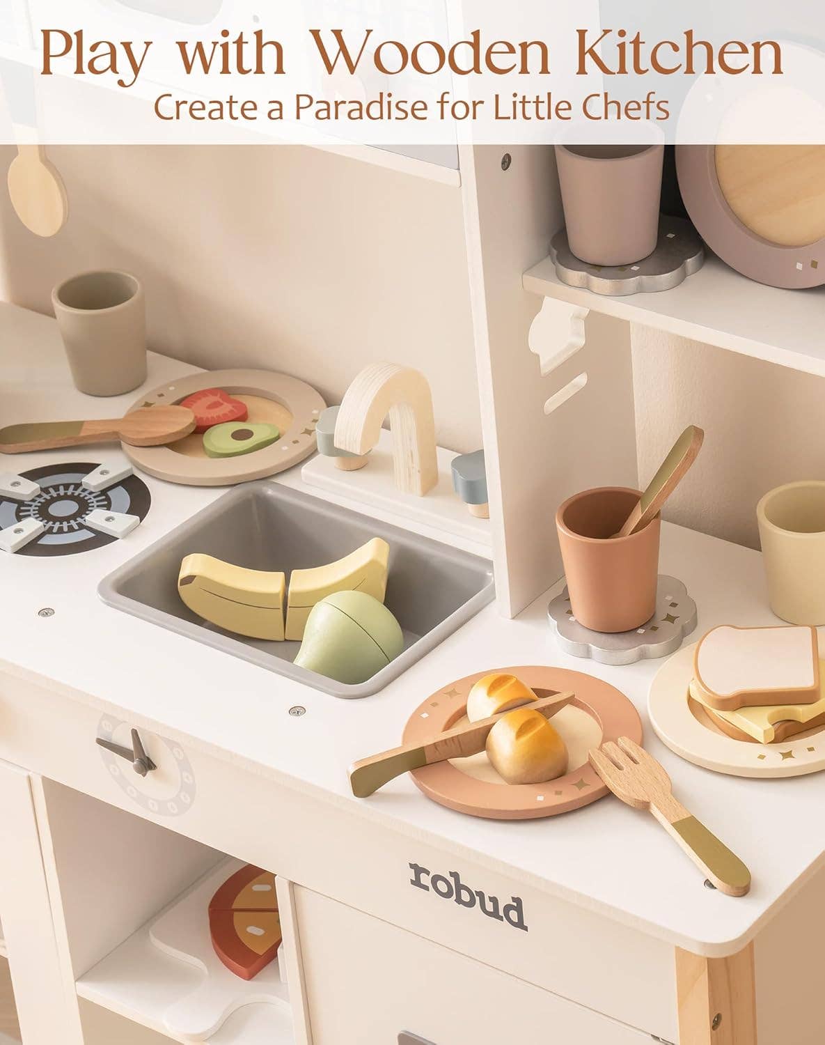 ROBUD Wooden Play Food Set - 4-Piece Montessori Kitchen Toy