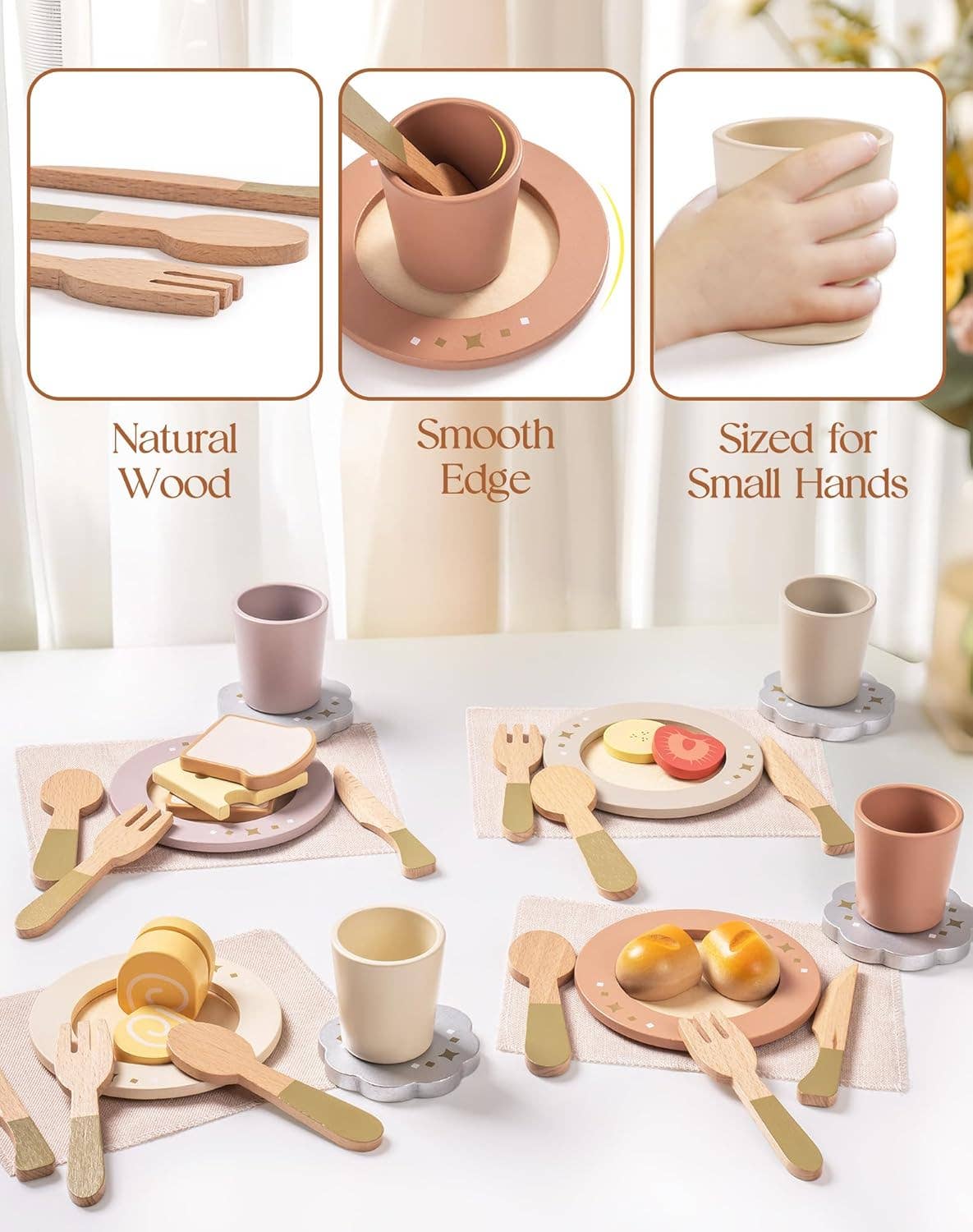 ROBUD Wooden Play Food Set - 4-Piece Montessori Kitchen Toy