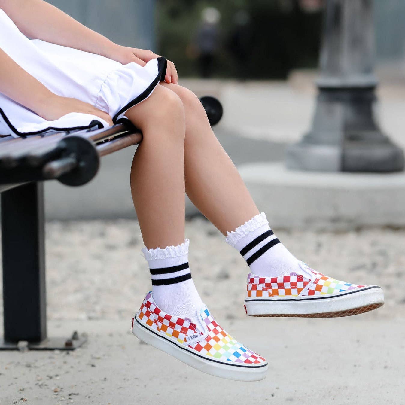 Little Stocking Company | White/Black Striped Lace Midi Sock