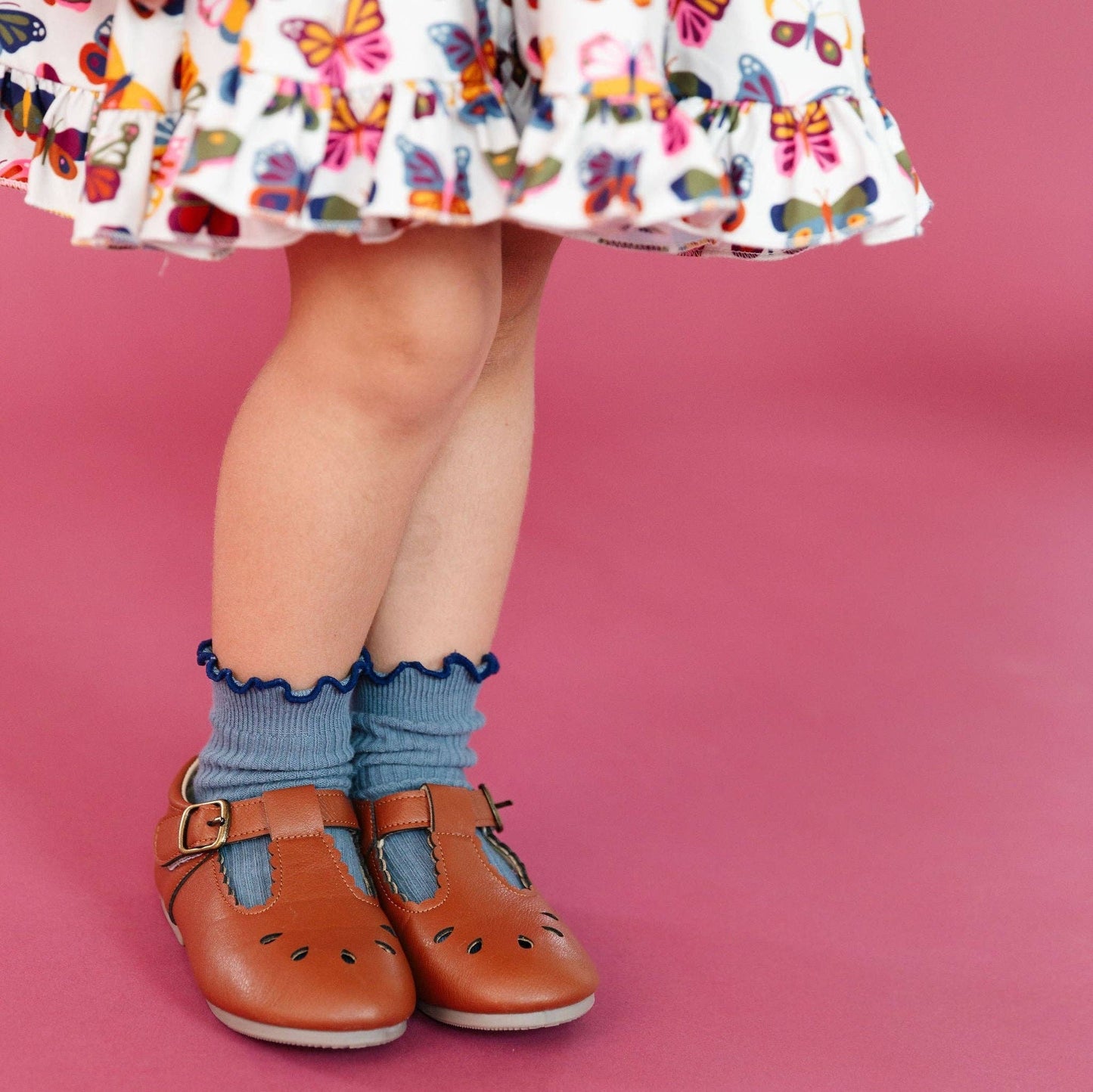 Little Stocking Company | Denim/Navy Ribbed Lettuce Trim Midi Socks