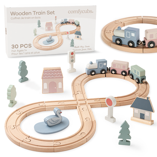 30-PC Wooden Train Set for Toddlers Ages 1+ by Comfy Cubs