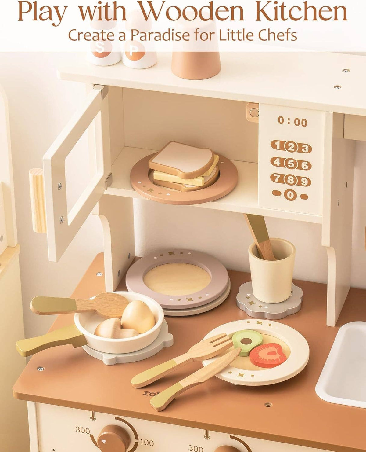ROBUD Wooden Play Food Set - 4-Piece Montessori Kitchen Toy