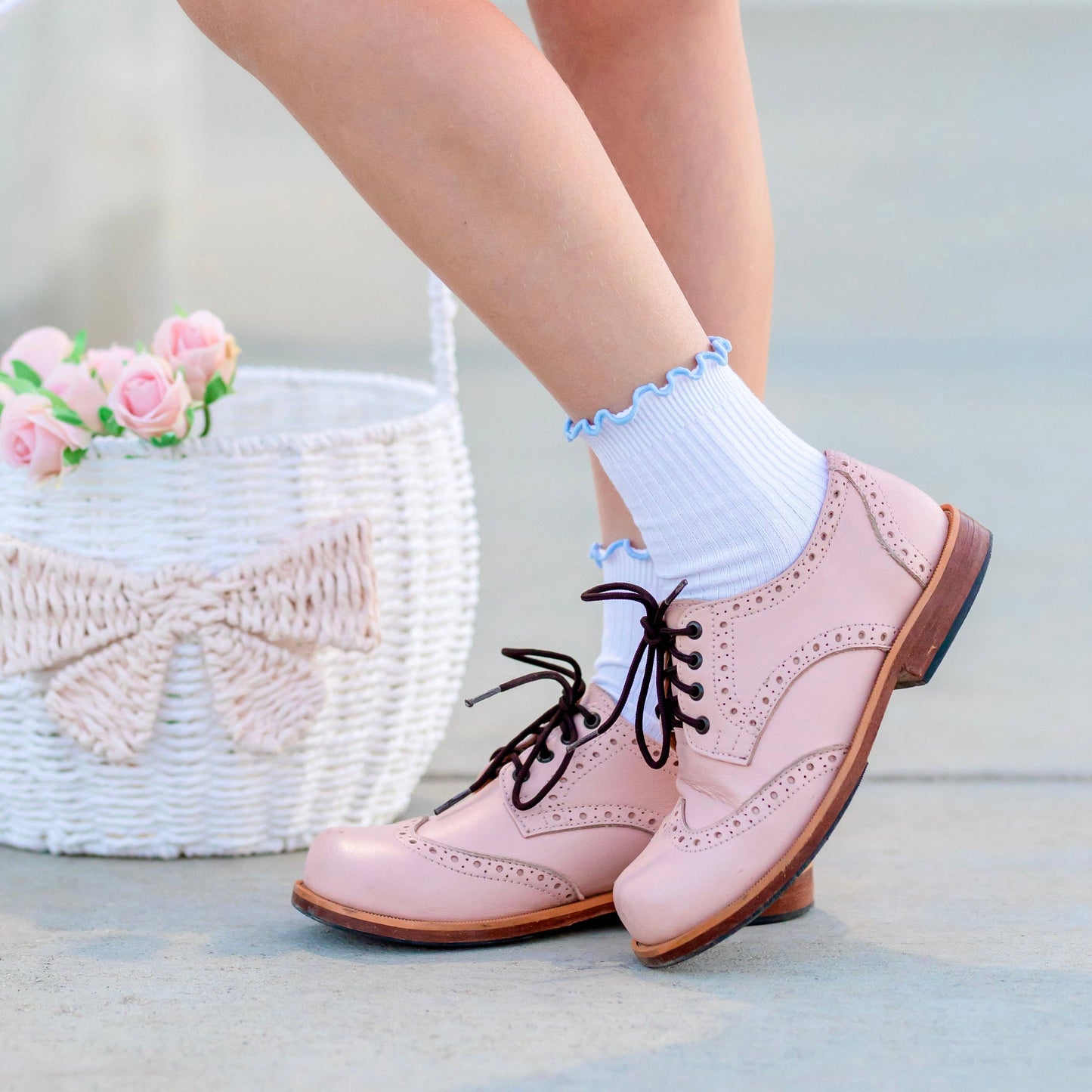 Little Stocking Company | Ribbed Lettuce Trim Midi Socks - White/Bluebell
