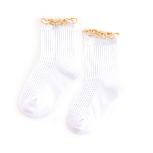 Little Stocking Company | Ribbed Lettuce Trim Midi Socks - White/Sunshine