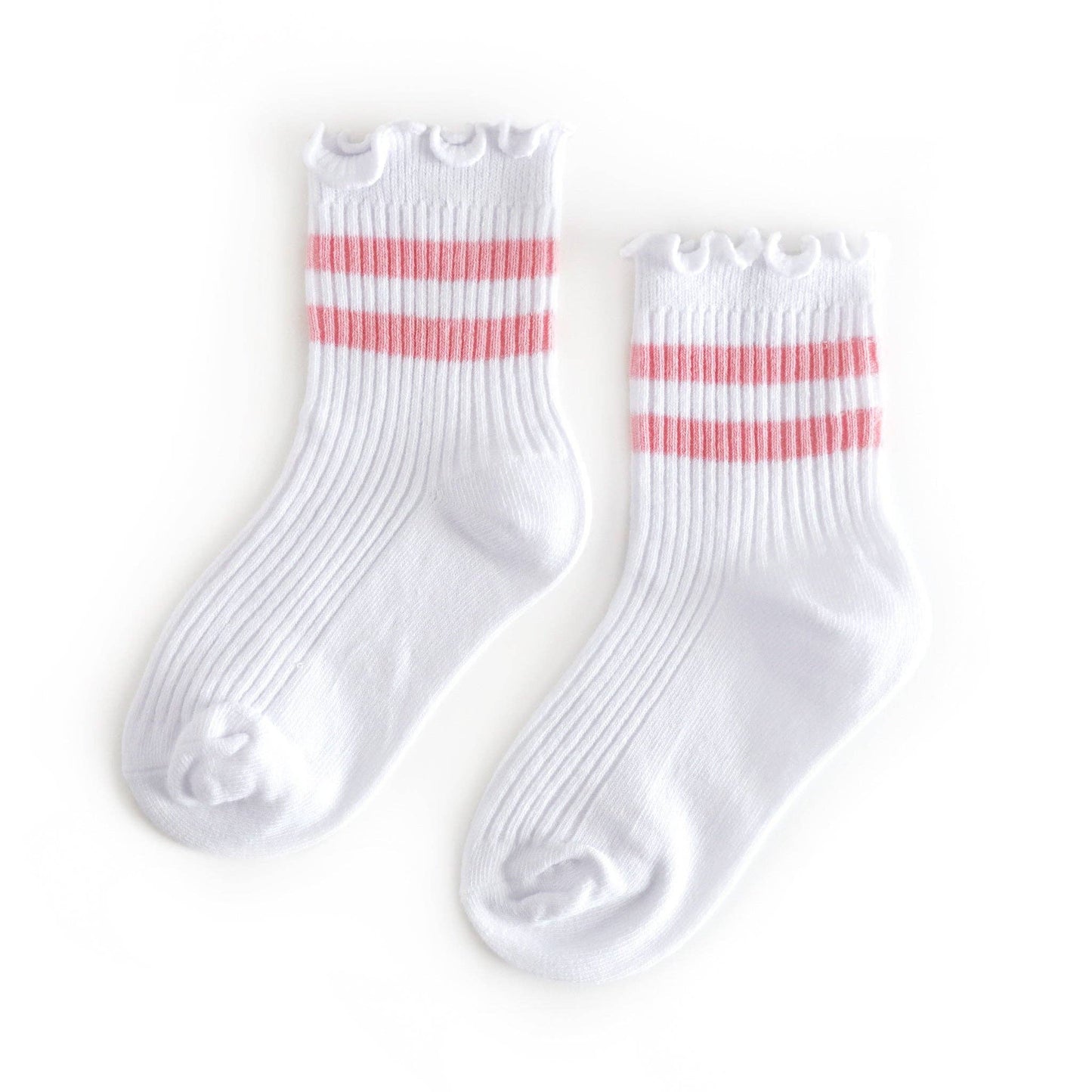 Little Stocking Company | Ribbed Lettuce Trim Midi Socks - White/Blossom Stripe