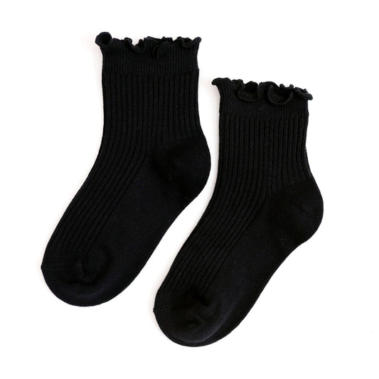 Little Stocking Company | Black Ribbed Lettuce Trim Midi Socks
